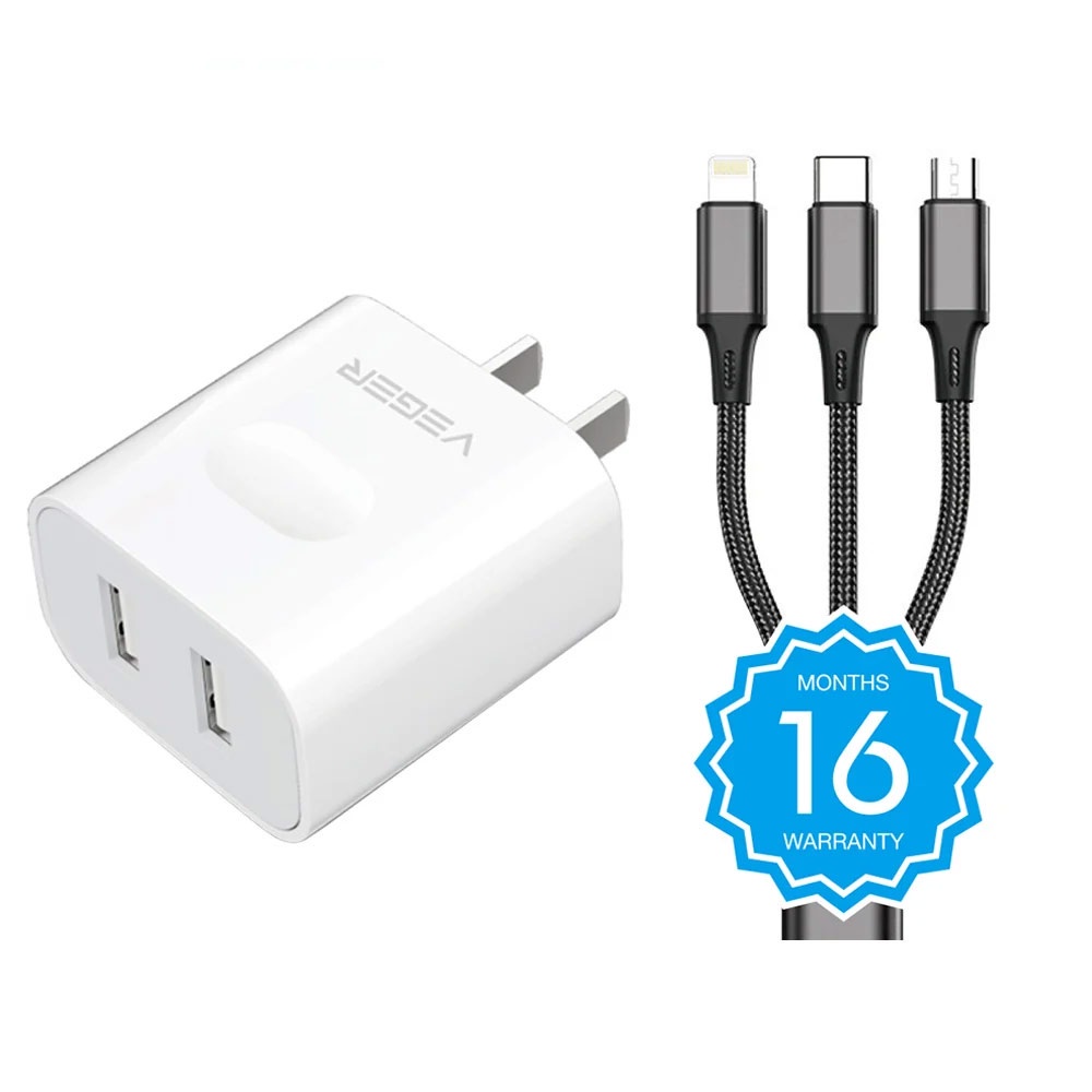 Veger Wall USB Charger 2 USB-A (2.4A/12W) + 3-in-1 Cable 1M.
